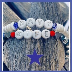 Navy Wife beaded elastic Bracelet Set, White, Red, silver Blue NEW - Handmade